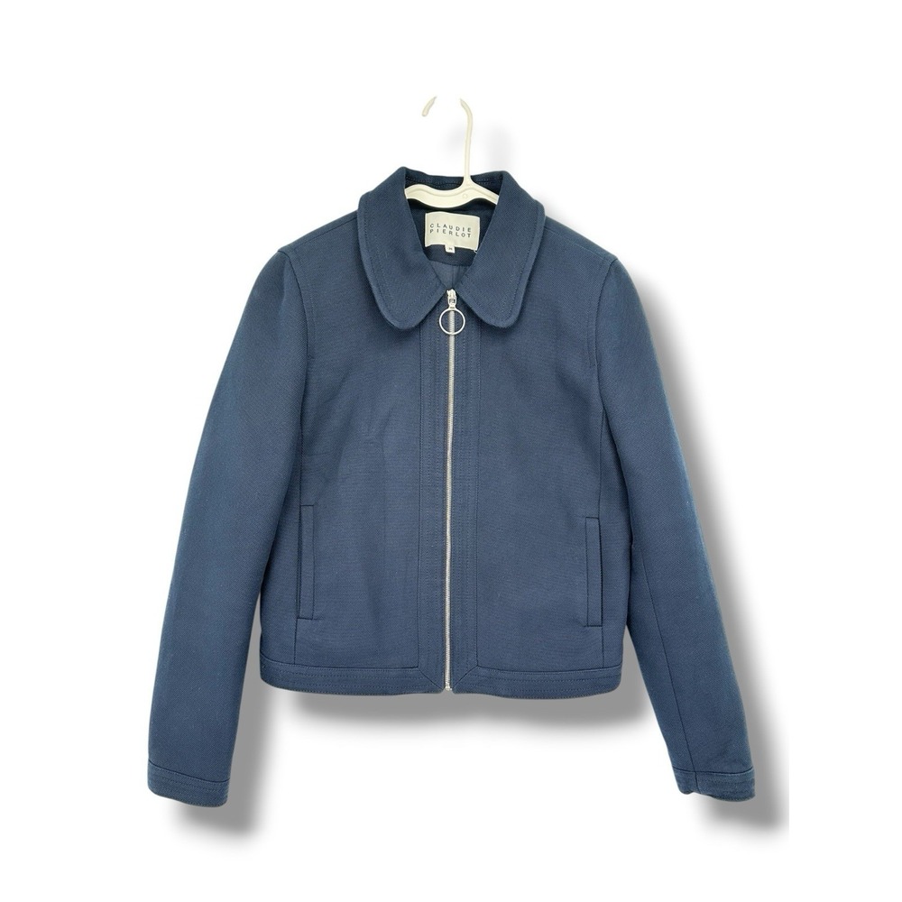 Claudie Pierlot Vendome Textured Cotton Jacket 38 Blue Ring Zip Parisian Chic